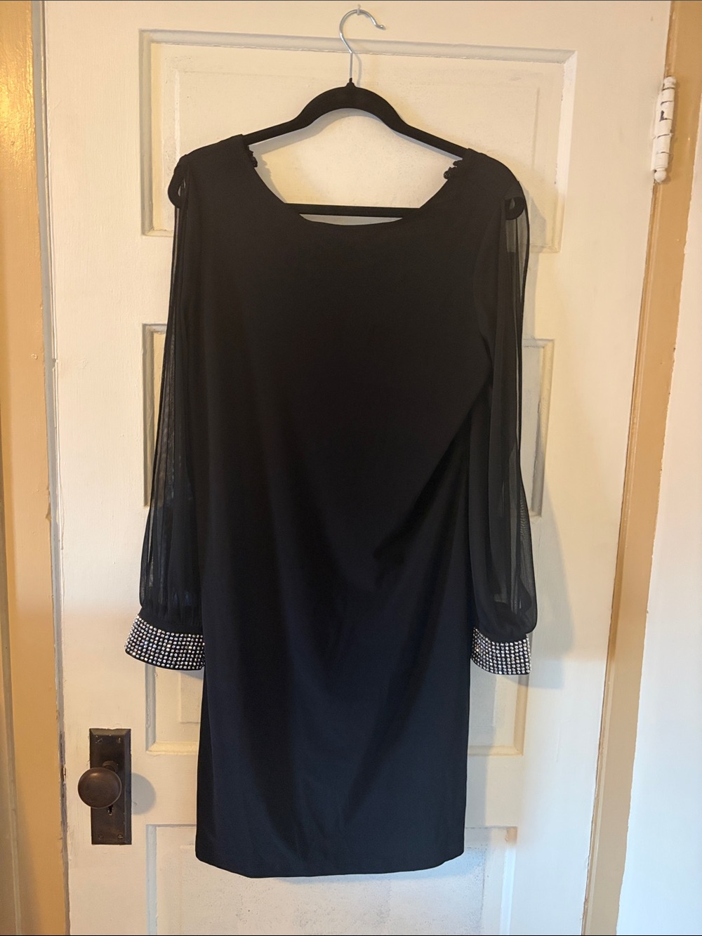 Onyx Nite Black Chiffon Long-Sleeve Shift Dress with Embellished Cuffs